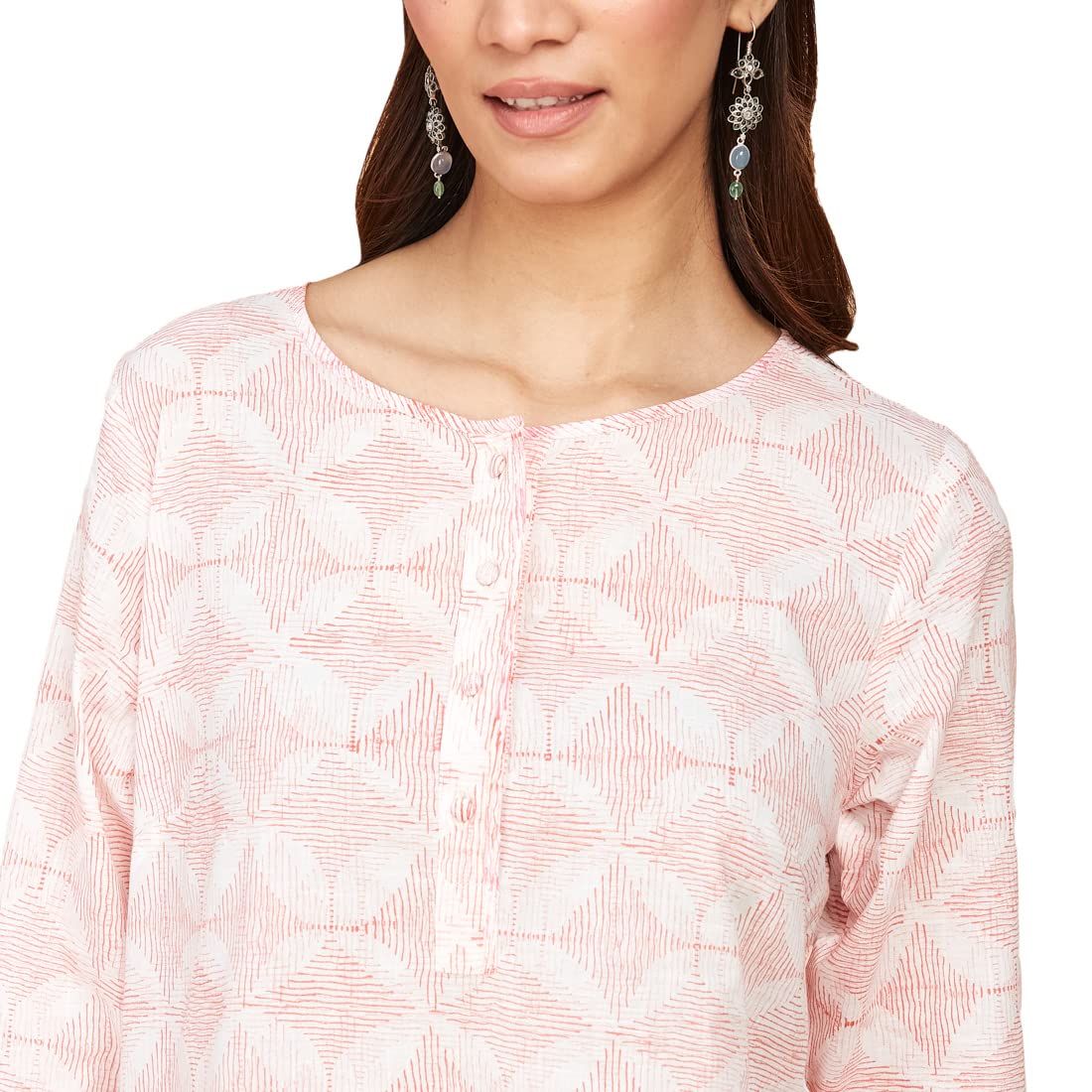 Fabindia Women's Cotton Printed Regular Kurta Knee Length (1029119WHITE_White,Red