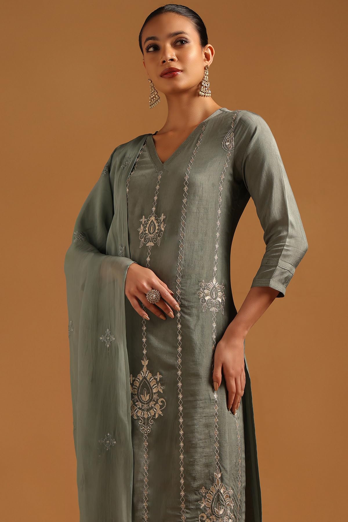 Soch Womens Green Dola Silk Ethnic Motifs Salwar Suit With Sequins