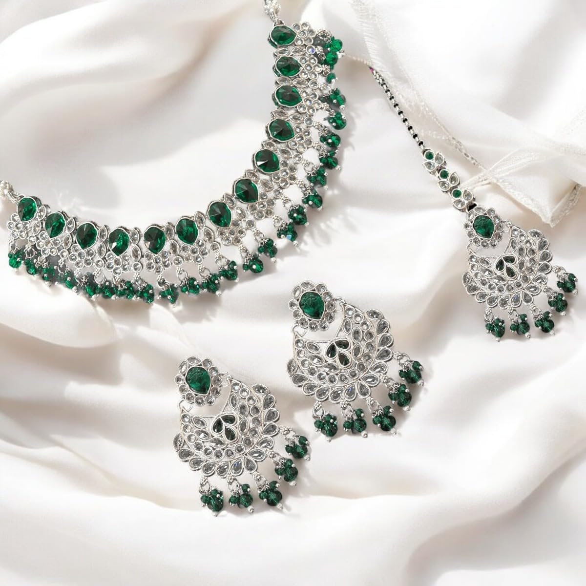ACCESSHER Green Silver-Tone AD Necklace With Matching Earrings & Maangtikka with a Pair of Gold Plated Earring Supporter & Maangtikka Supporter Patch | For Women & Girls