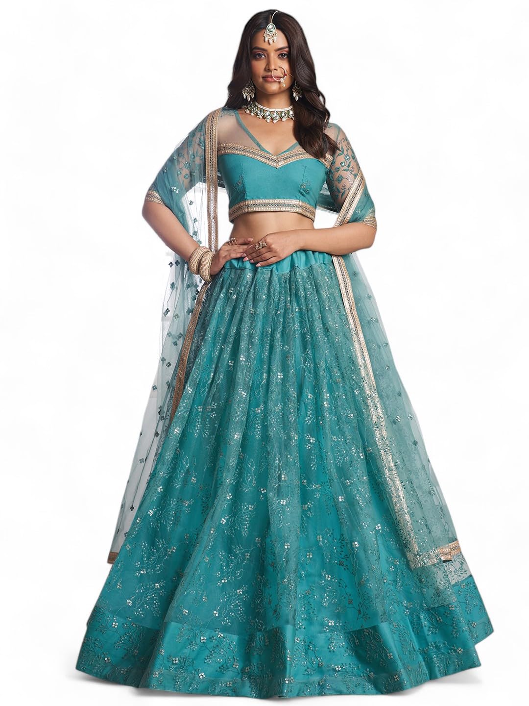 Zeel Clothing Women's Cotton Thread Sequins Work Embroidery Soft Net Readymade Lehenga Choli Set With Dupatta (Nfh-2201-Rama-Green-Women-Lehenga-Choli-Latest; Free Size)