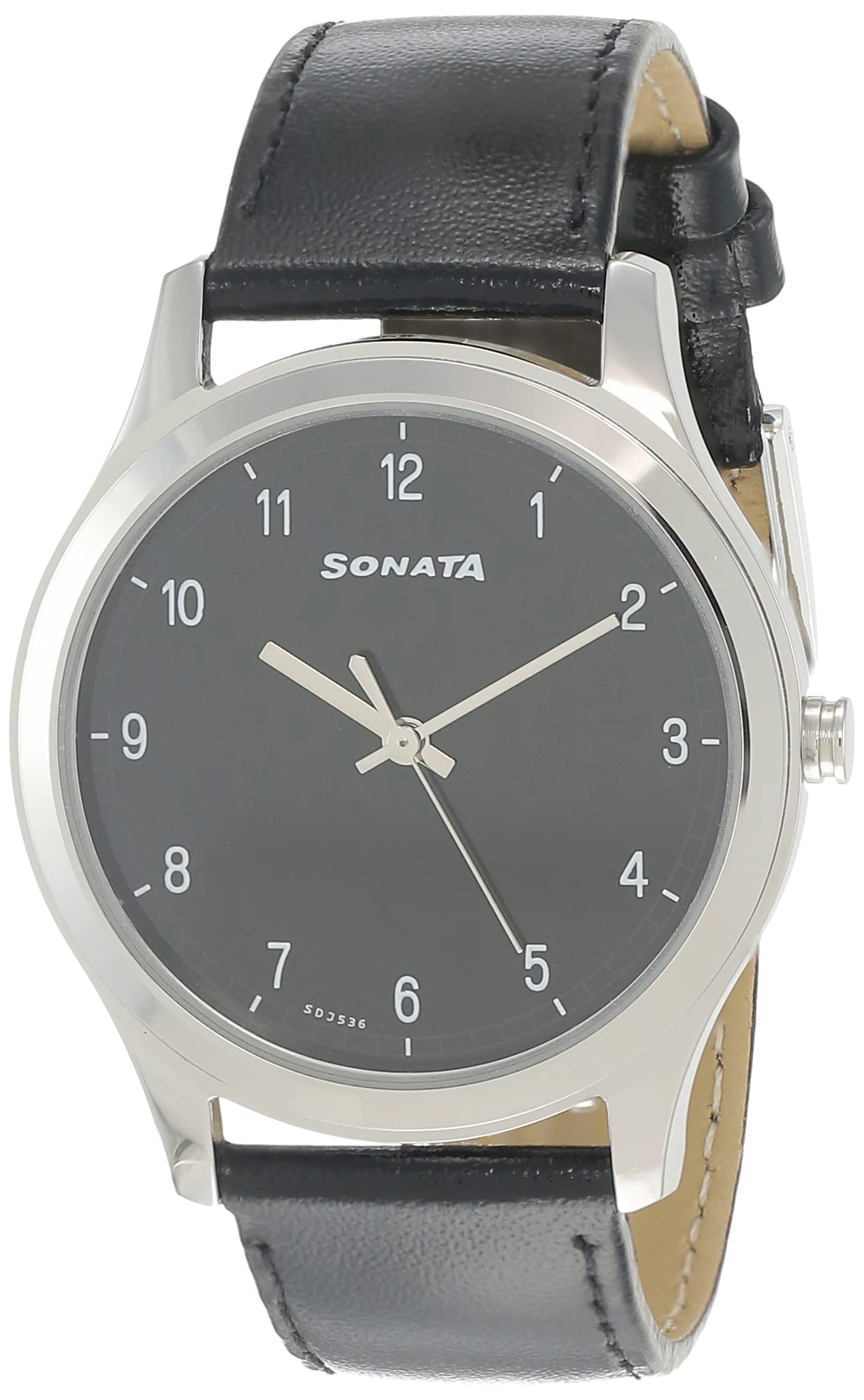 Sonata Quartz Analog Black Dial Leather Strap Watch for Men-NS7135SL02