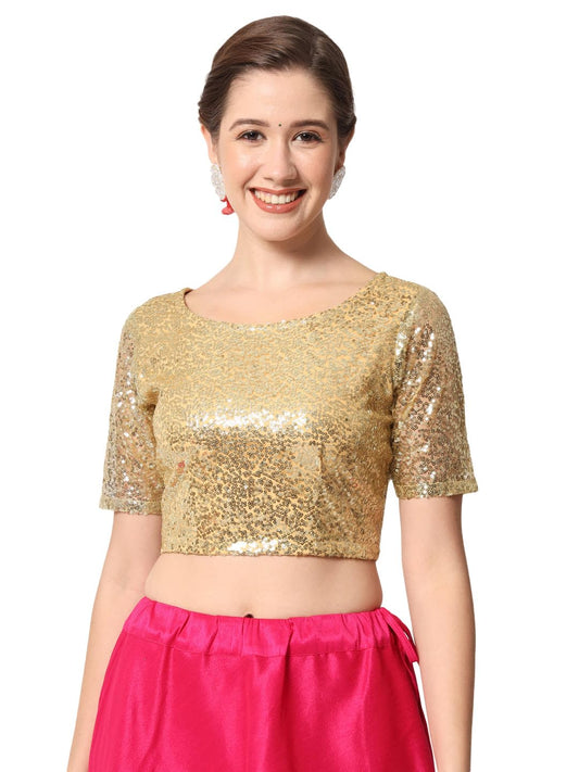 studio rasa Women's Net Sequin Embroidered Sheer Sleeves Readymade Saree Blouse for Wedding Festive Party (TPWC12302M_BL_Gold_Medium)