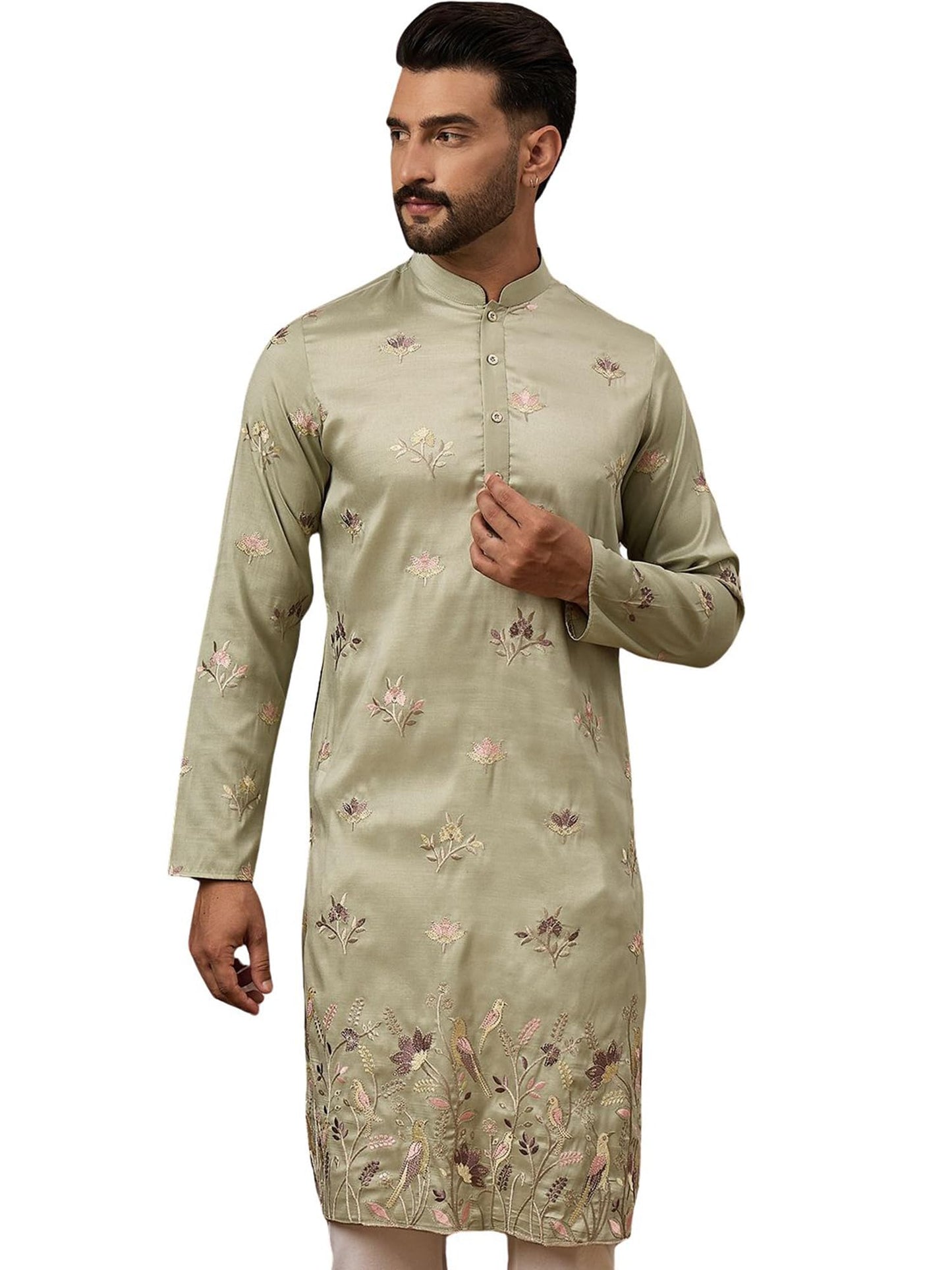 Ethnic Bay Men's Green Silk Blend Solid Embroidered Calf Length Kurta's | Embroidered Kurta for Men | Straight Fit Kurtas for Mens (MKU1341, M)