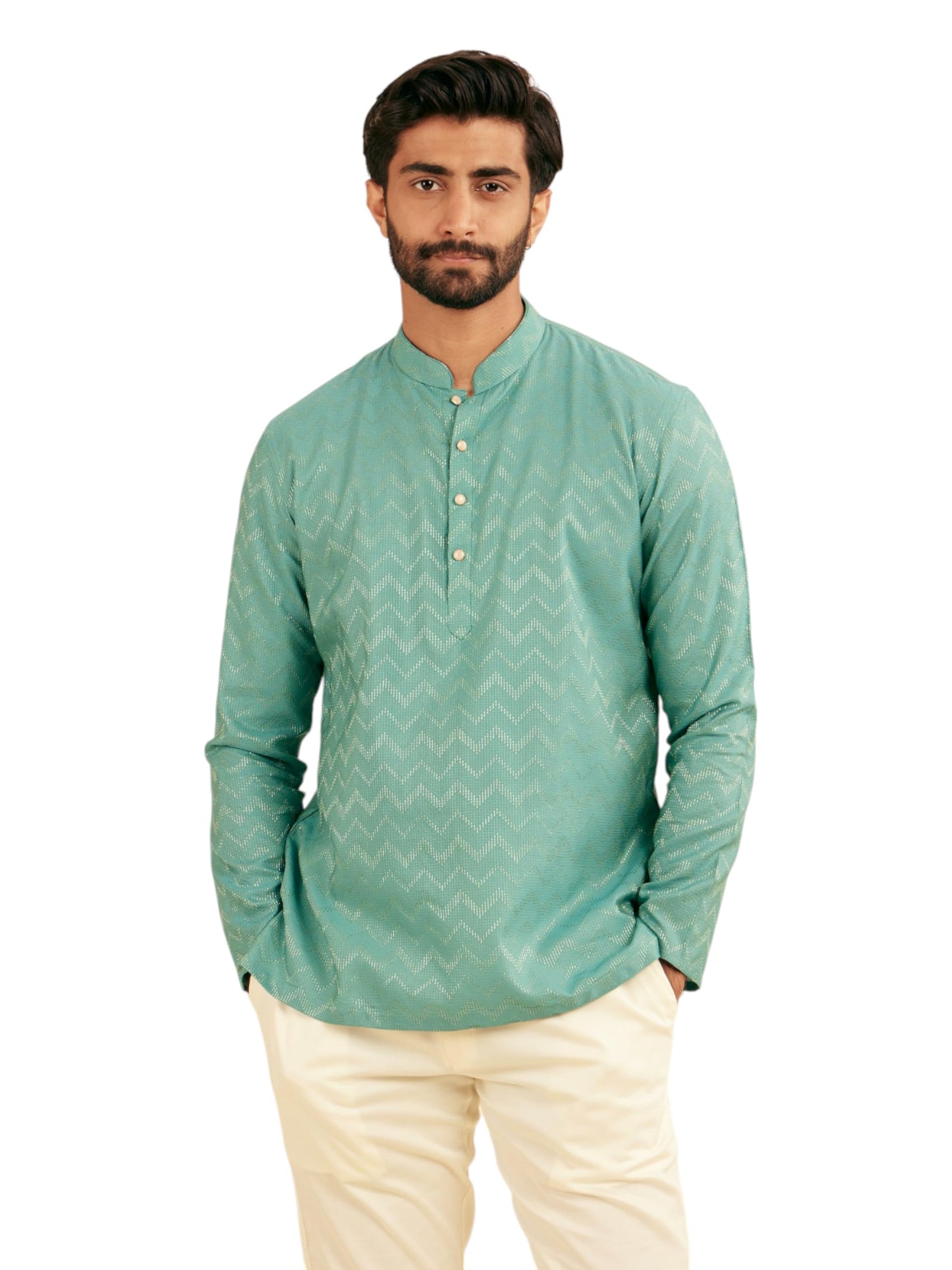 Manyavar Men's Viscose Blend Textured Short Kurta (Aqua Green,XL)
