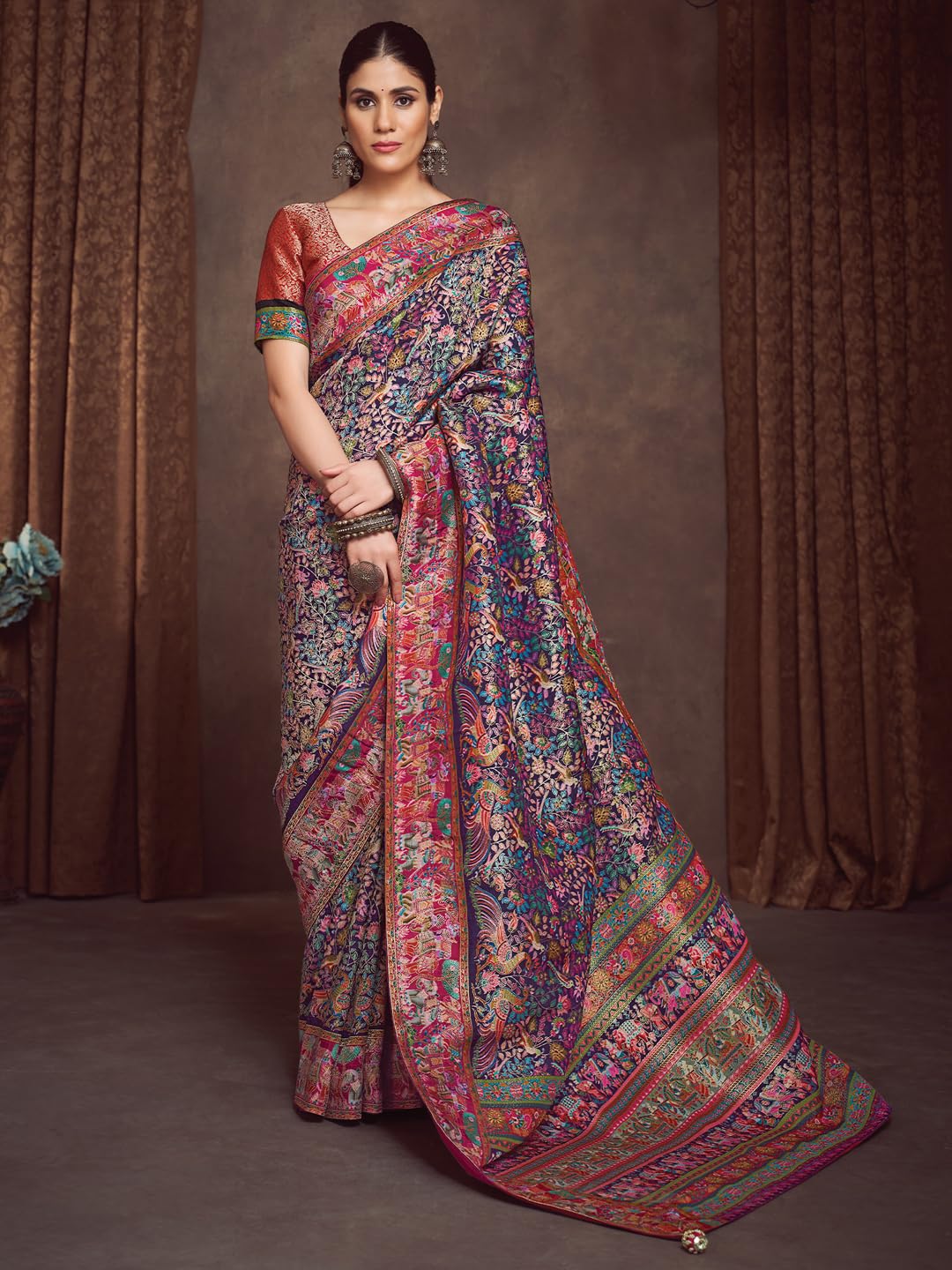 AKHILAM Women's Navy Blue Viscose Silk Ethnic Motif Printed Saree With Unstitched Blouse Piece (MSTANI78B_HS)