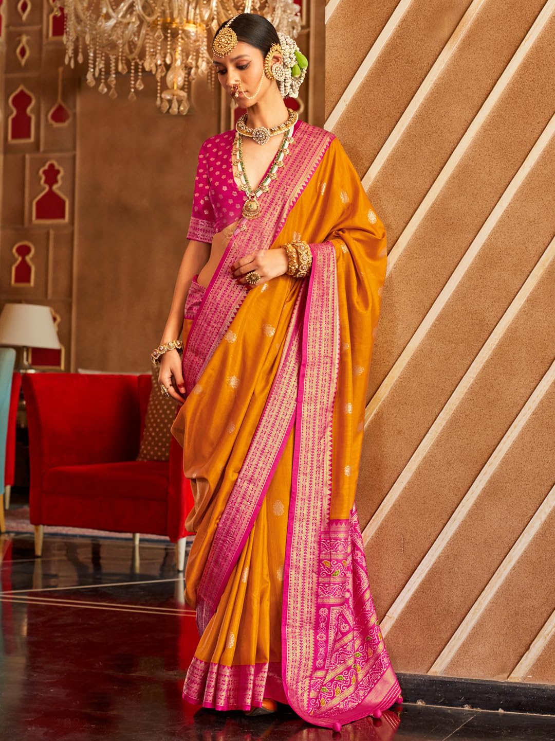 SAREE MALL Women's Orange Silk Blend Ethnic Motif Woven Design Saree With Unstitched Blouse (HASTP10313_RW)