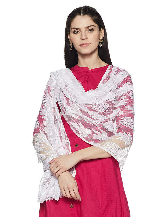 Weavers Villa White Floral Net Dupatta for Women, 2.10 Mtrs