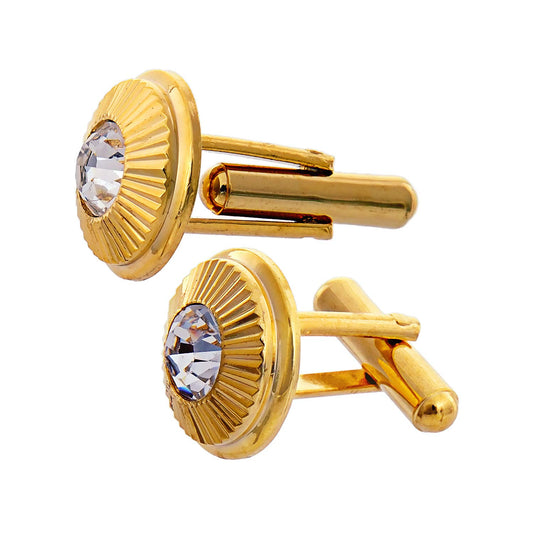 Lucky Jewellery Unique Men Jewelry White Color Stone Gold Plated Sleeve Button Formal Cuff Button Wedding Shirt Button, Suit, Blazer Cufflinks Pair Gift Set For Men (189-M4C4-STTM40RD-W)