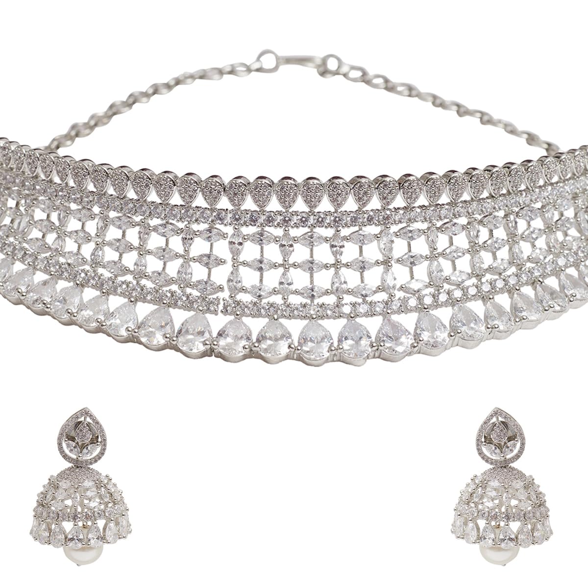 VOYLLA Cz Elegance Silver Plated Shiny Necklace Set For Women|Womens Jewellery Set|Gift For Women|Womens Gift|Gift For Her|