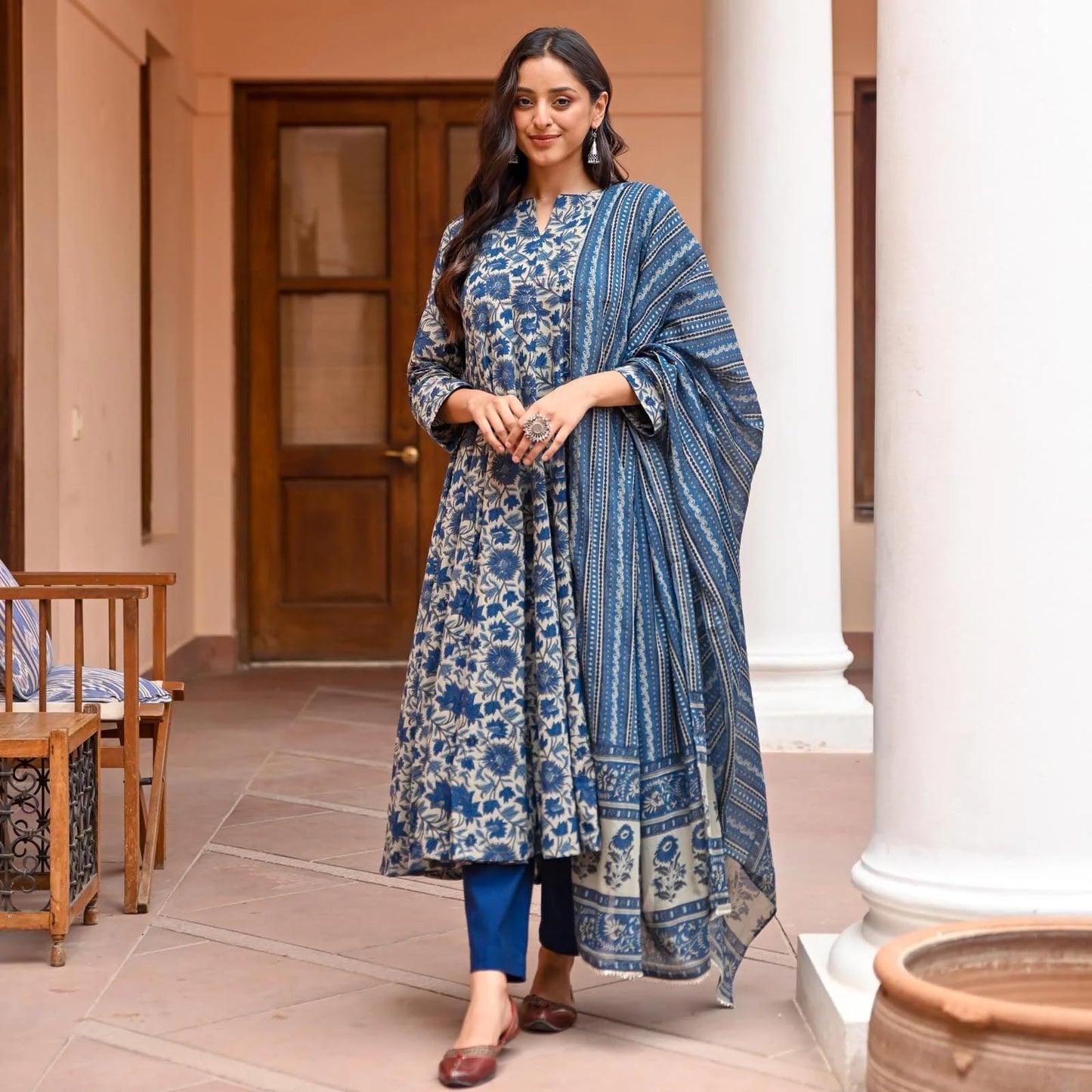 Alvami Viscose Women Printed Anarkali Kurta Pant and Dupatta Set (XL), Blue