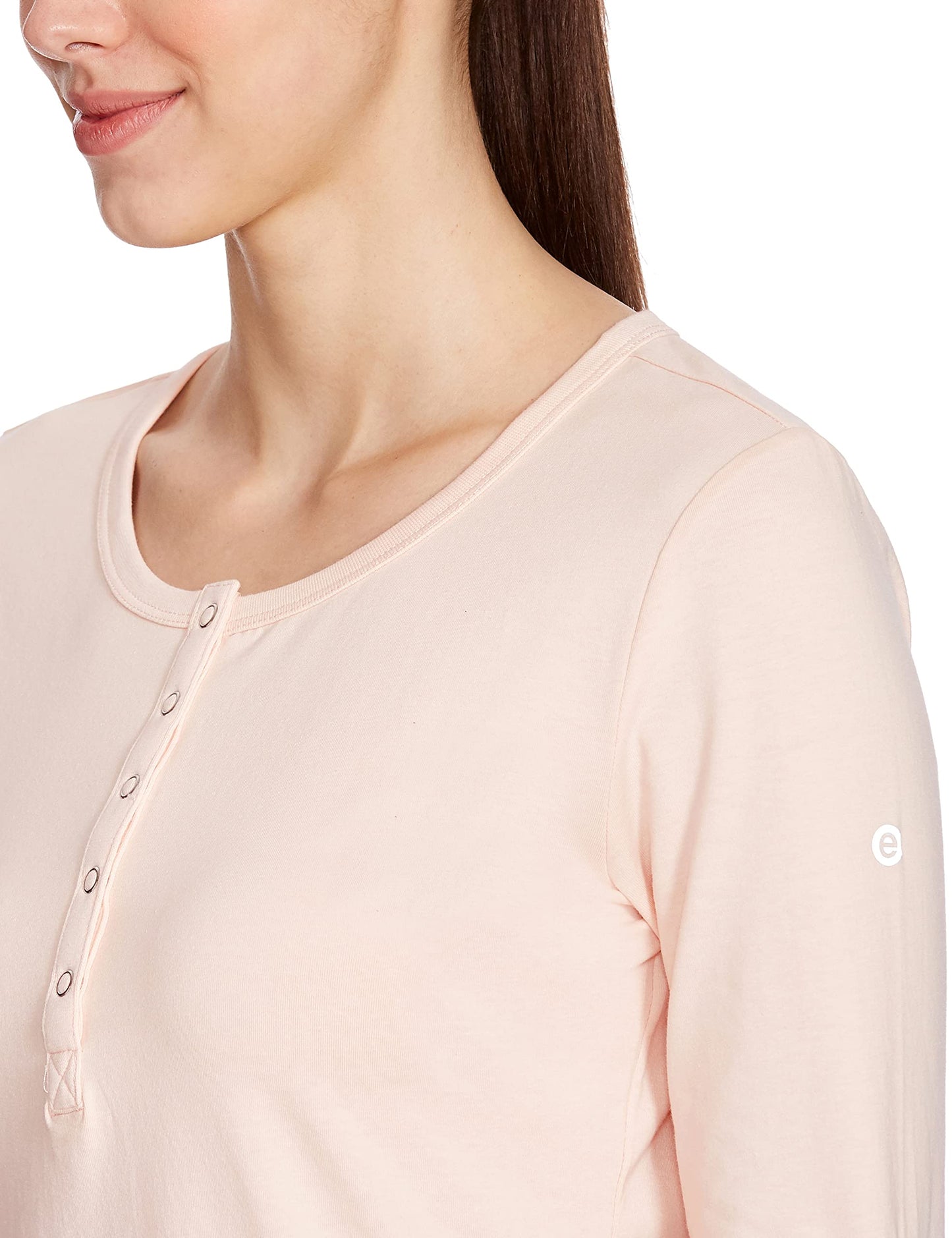 Enamor Essentials Women's Slim Fit Henley Neck 3/4th Sleeves Cotton Tee with Snap Button Placket Front & Sleeve Tab - E129(E129-Pink Pearl W/Energy-L)