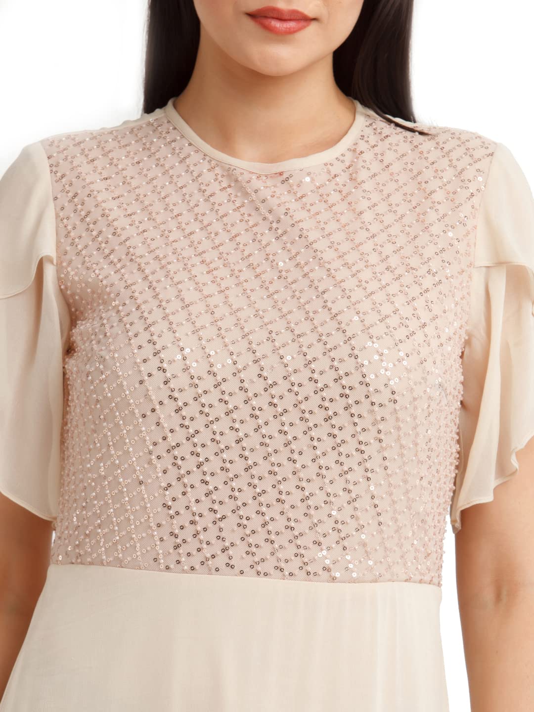 Zink London Women's Beige Embellished Flared Sleeve Maxi Dress