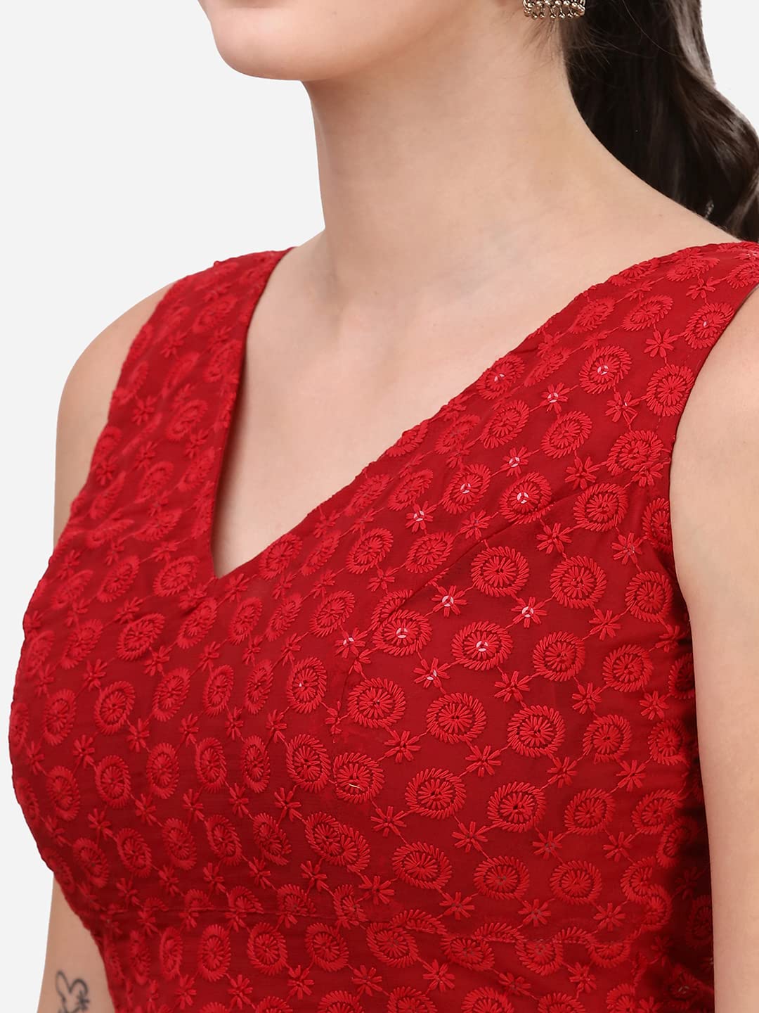 OOMPH! Women's Indian Ethnic Wear Designer Leaf Pattern V Neck Sleeveless Cotton Red Blouse for Saree or Lehnga and BlousePalazzos or Skirts for a Fusion Twist.