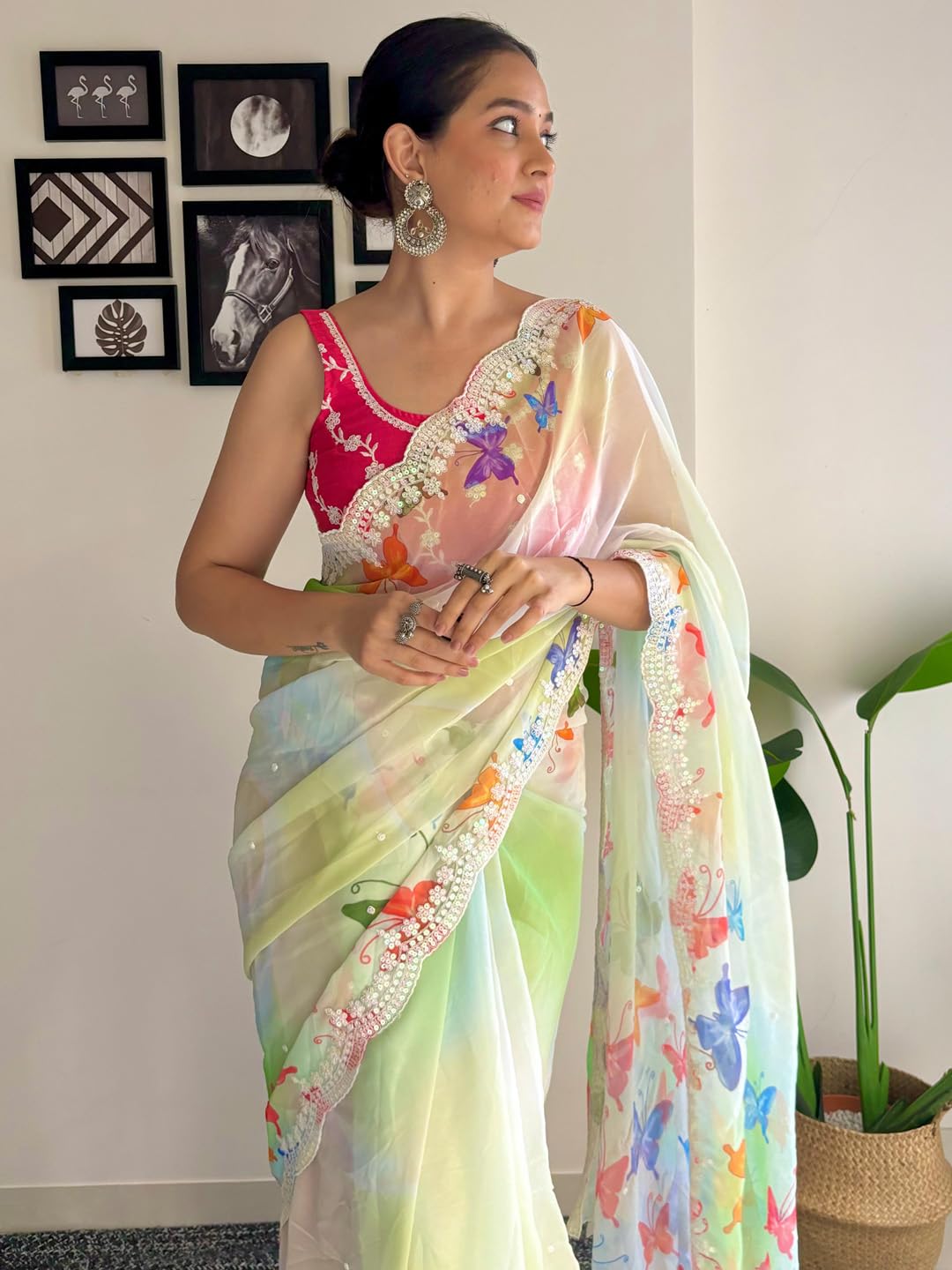 AKHILAM Women's Light Green Georgette Sequins Embellished Saree with Unstitched Blouse Piece (KESARI5506_KR)