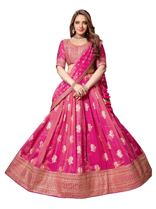 ADHIA Women's Tissue Silk Embroidery Work Lehenga Choli With Dupatta Set (Standard, Rani (pink), Large)