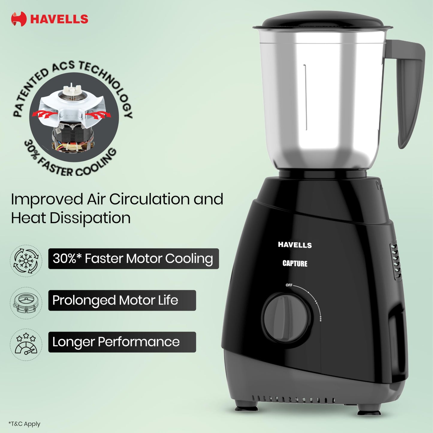 Havells Capture 500W Mixer Grinder 3 Stainless Steel Jars | 21000 RPM High-Speed Motor | Rust-Resistant 304 SS Blades | 1.5L Large Blending Jar | Overheat Protection | 1-Year Warranty (Black)