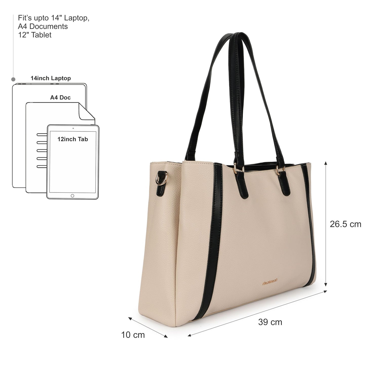 Metro Carry Laptop Tote | Faux-Leather Women's Handbag | white with black Details | 14" Laptop Compatible | Dual Carry Options | Pebbled Texture
