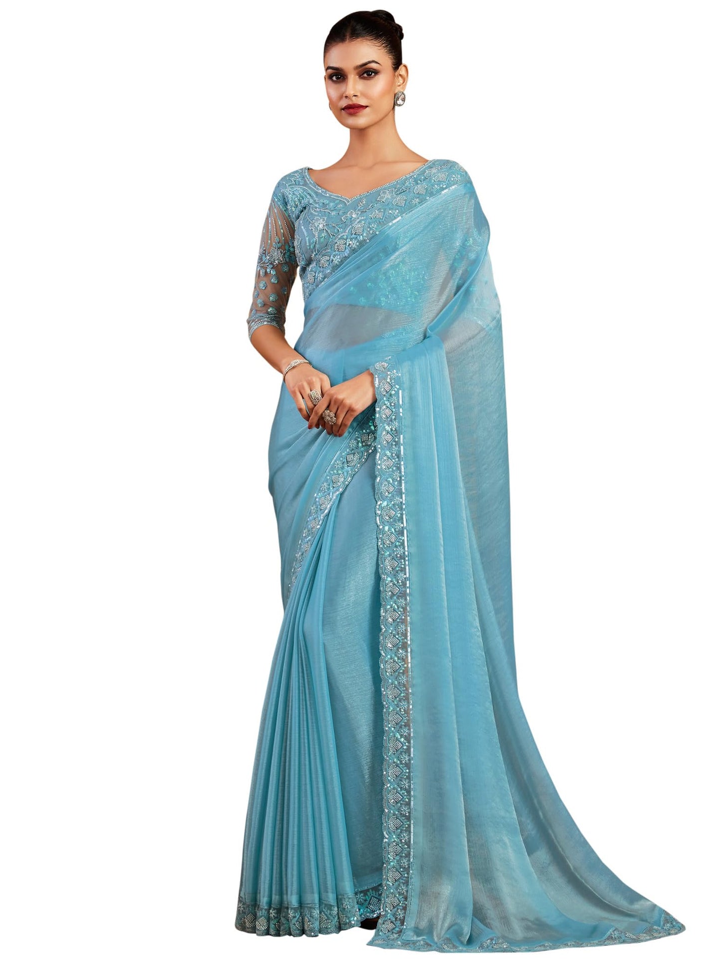 AKHILAM Women's Light Blue Chiffon Sequins Embellished Saree with Unstitched Blouse Piece (SRVATN7902_TFH)
