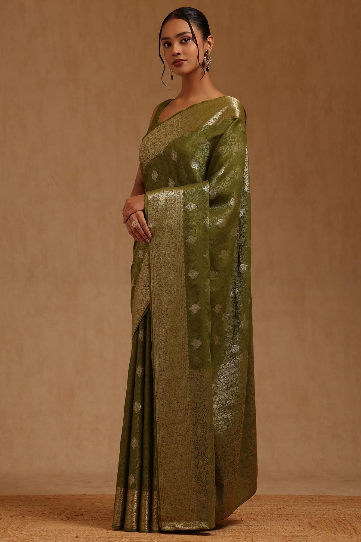 Soch Womens Olive Georgette Ethnic Motifs Zari Woven Saree