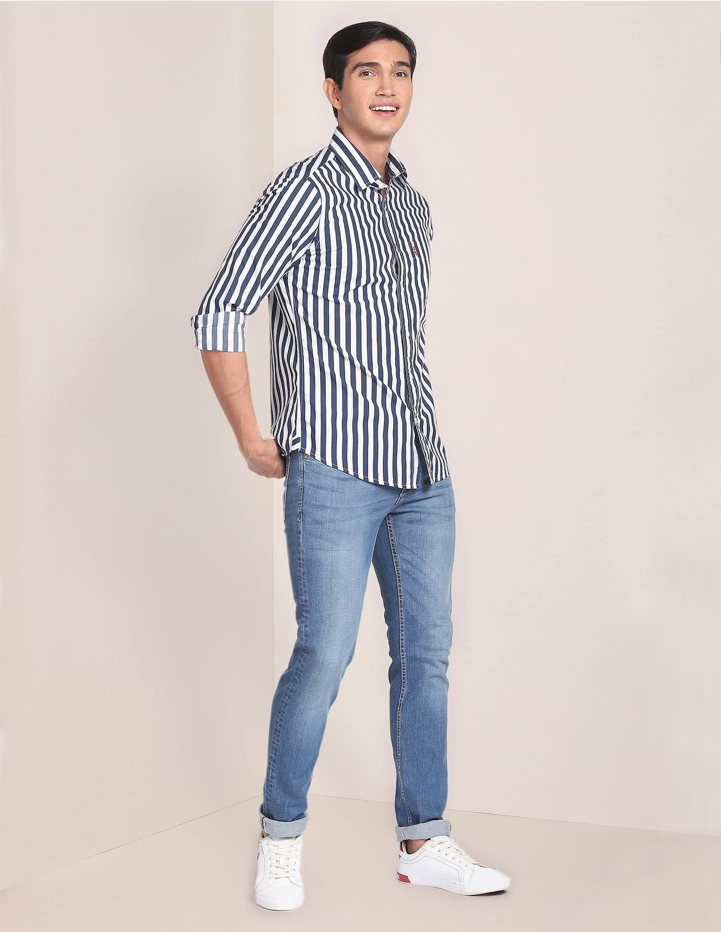 U.S. POLO ASSN. Mens Cotton Printed Stripe Fs Regular Fit Shirts (Usshtfx0072_Navy_Large)