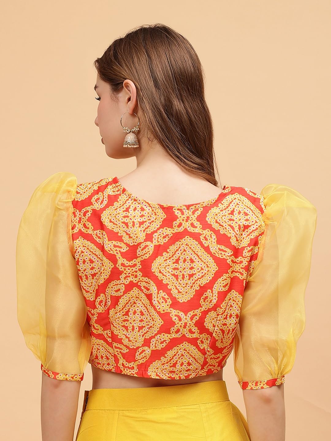 Frolic Rolic Orange & Yellow Bandhej Print Silk Blend 3/4th Organza Sleeves Sweetheart Neck Blouse ((FRBLS-016_Orange, Yellow_M)