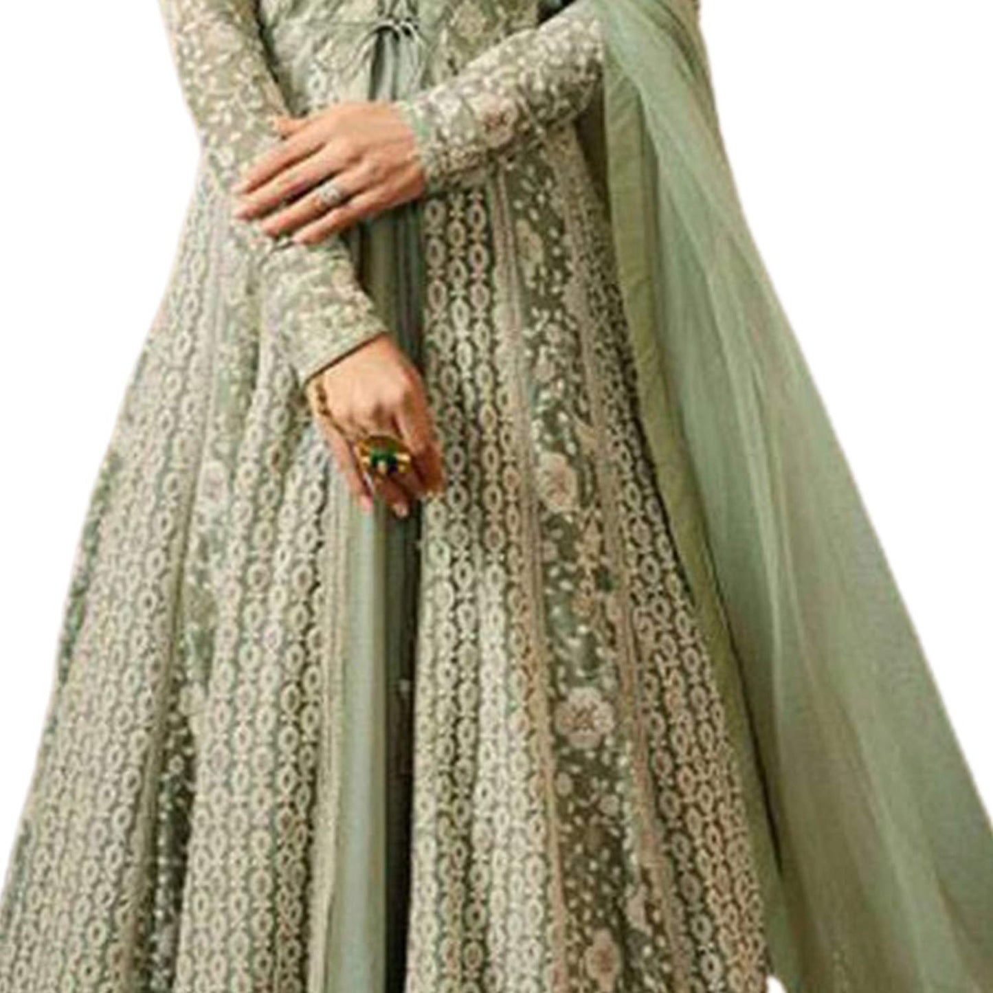 Miss Ethnik Women's Light Green Embroidered Flared Gown 945-Light Green