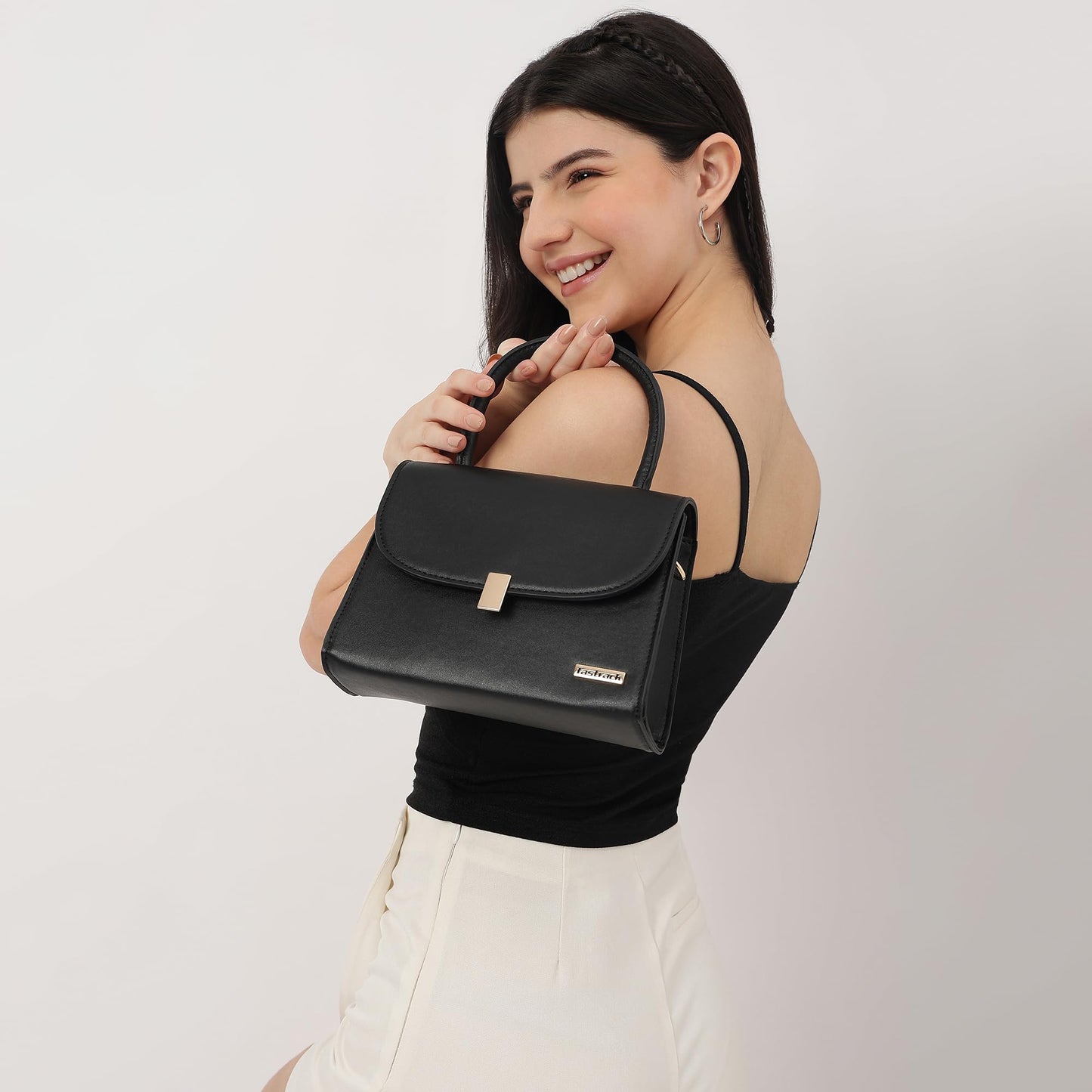 Fastrack Solid PU Structured Handheld Bag For Women, Girls and Ladies | with Detachable Sling Strap and Button Closure | Ladies Purse Handbag | Trendy Handbags for Women