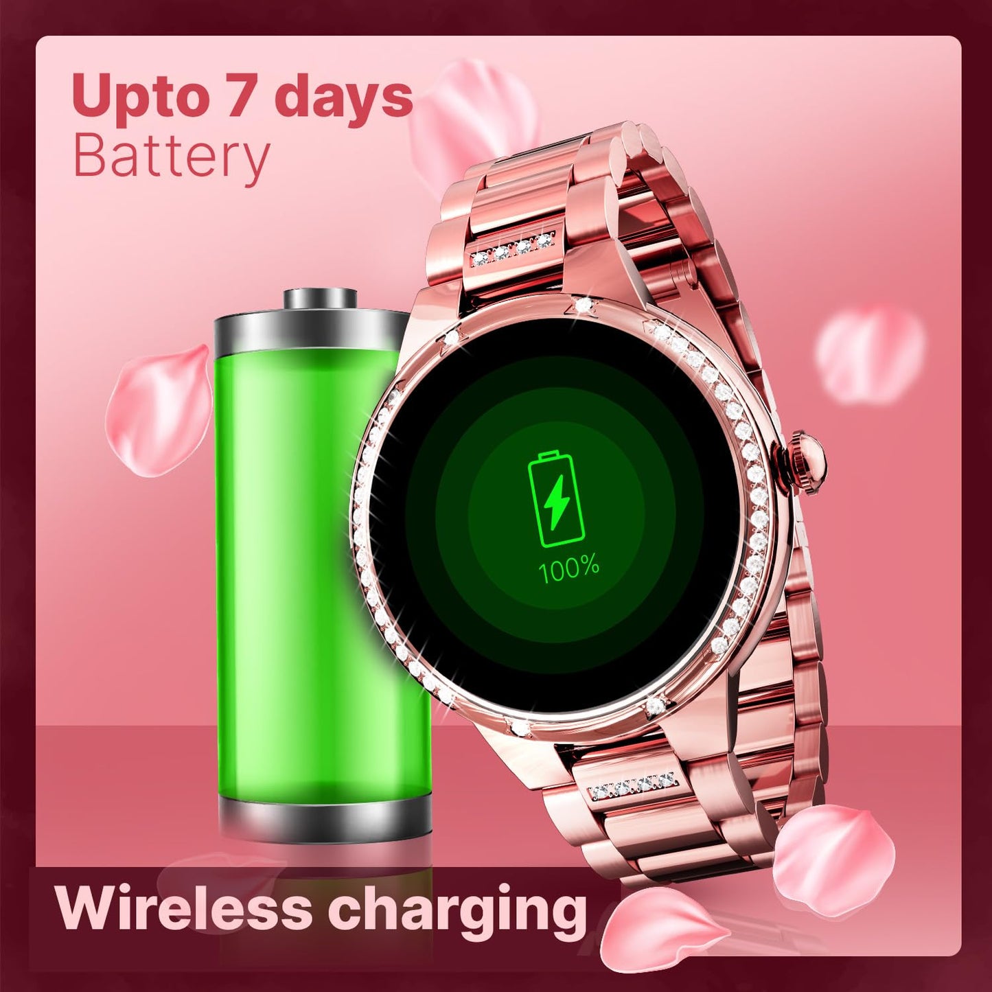 CrossBeats Diva 1.28” Stylish Smart Watch for Women with Stone Studded Bezel| Amoled Display | Female Health Tracker | 100+Sports Modes| Premium Metal Smartwatch with Wireless Charging - (Rose Gold)