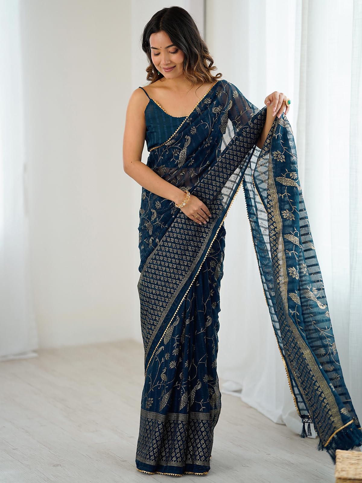 Satrani Women's Georgette Foil Printed Gota Lace Self- Woven Saree with Unstitched Blouse Piece (4742S822N_Peacock Blue)
