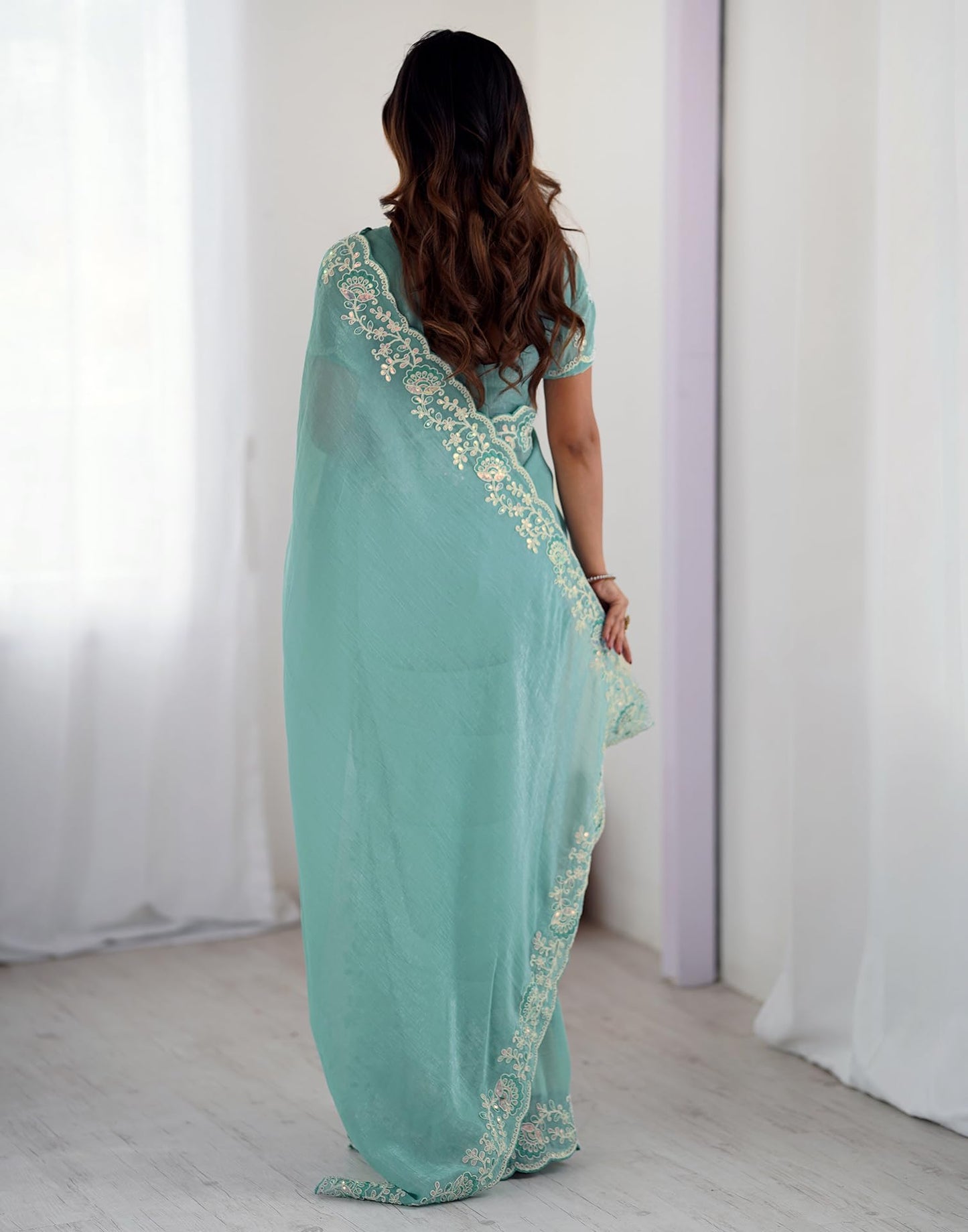 SIRIL Women's Shimmer Chiffon Sequence Embroidery Saree with Unstitched Blouse Piece (4487S456_Sea Blue)