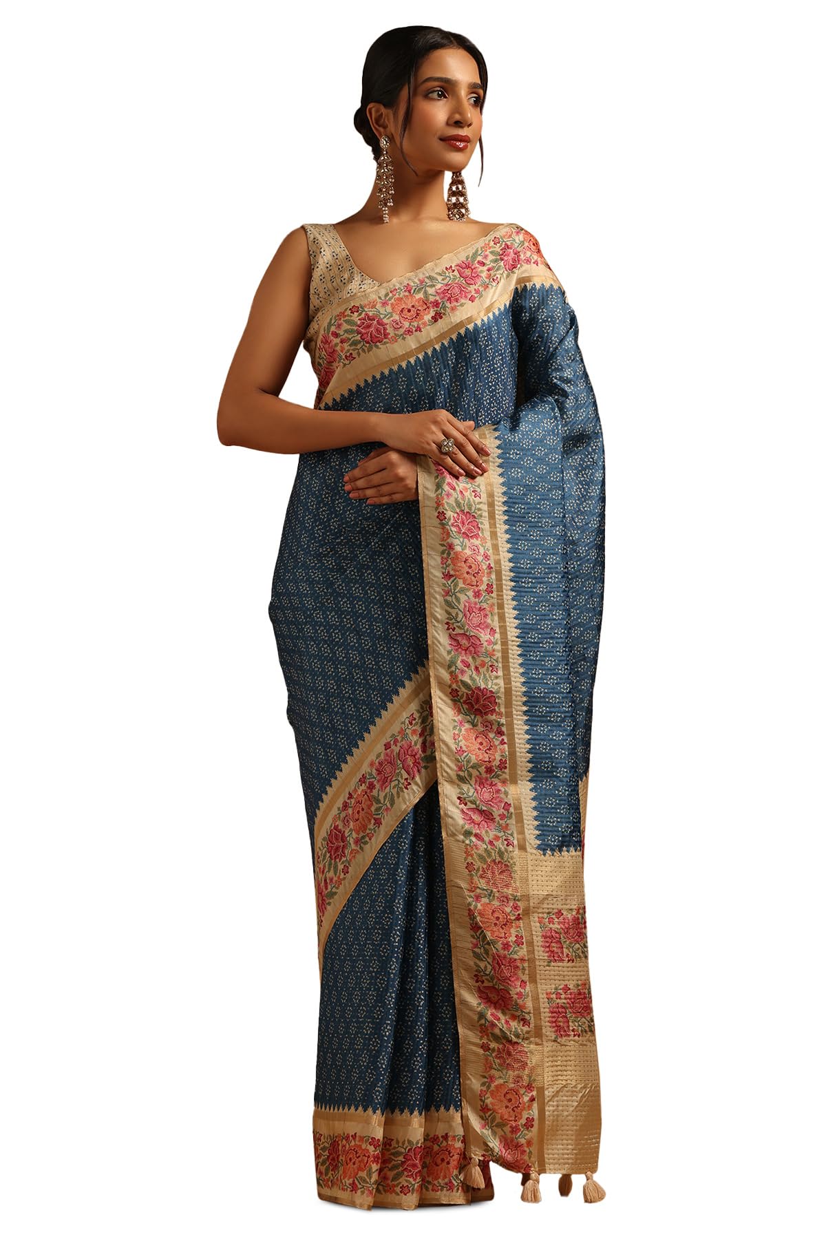 Soch Womens Blue Tussar Floral Saree With Zari Woven