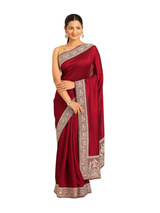 MOHEY Women's Wine Chiffon Embroidered|Zari Saree