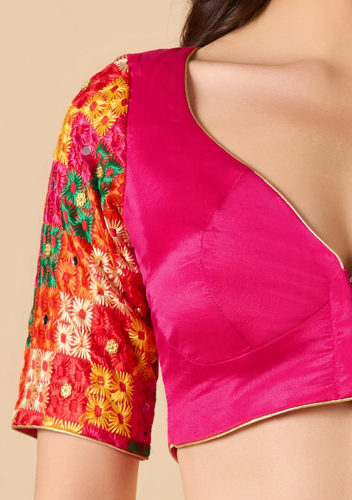 S SALWAR STUDIO Pink Chinon Silk Sweetheart Neck Phulkari Readymade Blouse