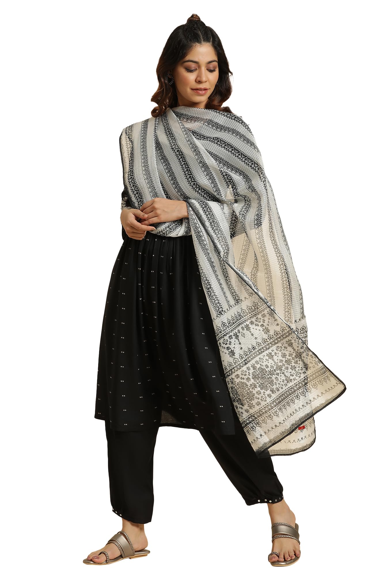 W for Woman Women Polyester Off-White & Black Kota Printed Dupatta (8905661211654_Free Size)
