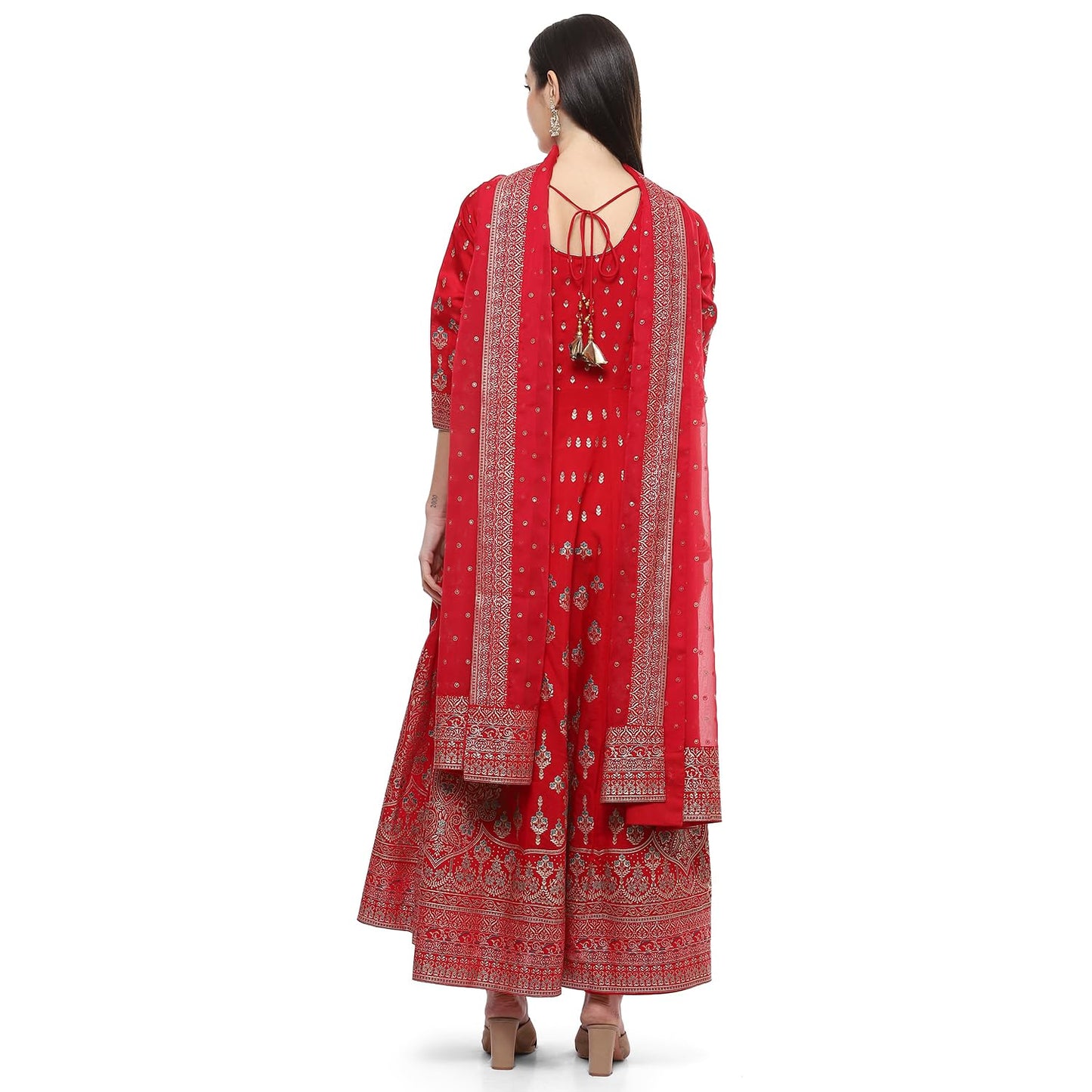BIBA Women Printed Silk Anarkali Salwar Kurta Dupatta(Skddurgotsa8919_Red_36)
