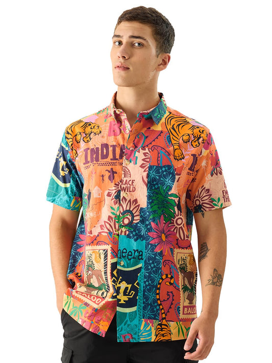 The Souled Store Official Jungle Book: Indie Print Short Sleeve Collared Button Down Regular Fit Cotton Summer Shirts for Men & Boys Multicolour