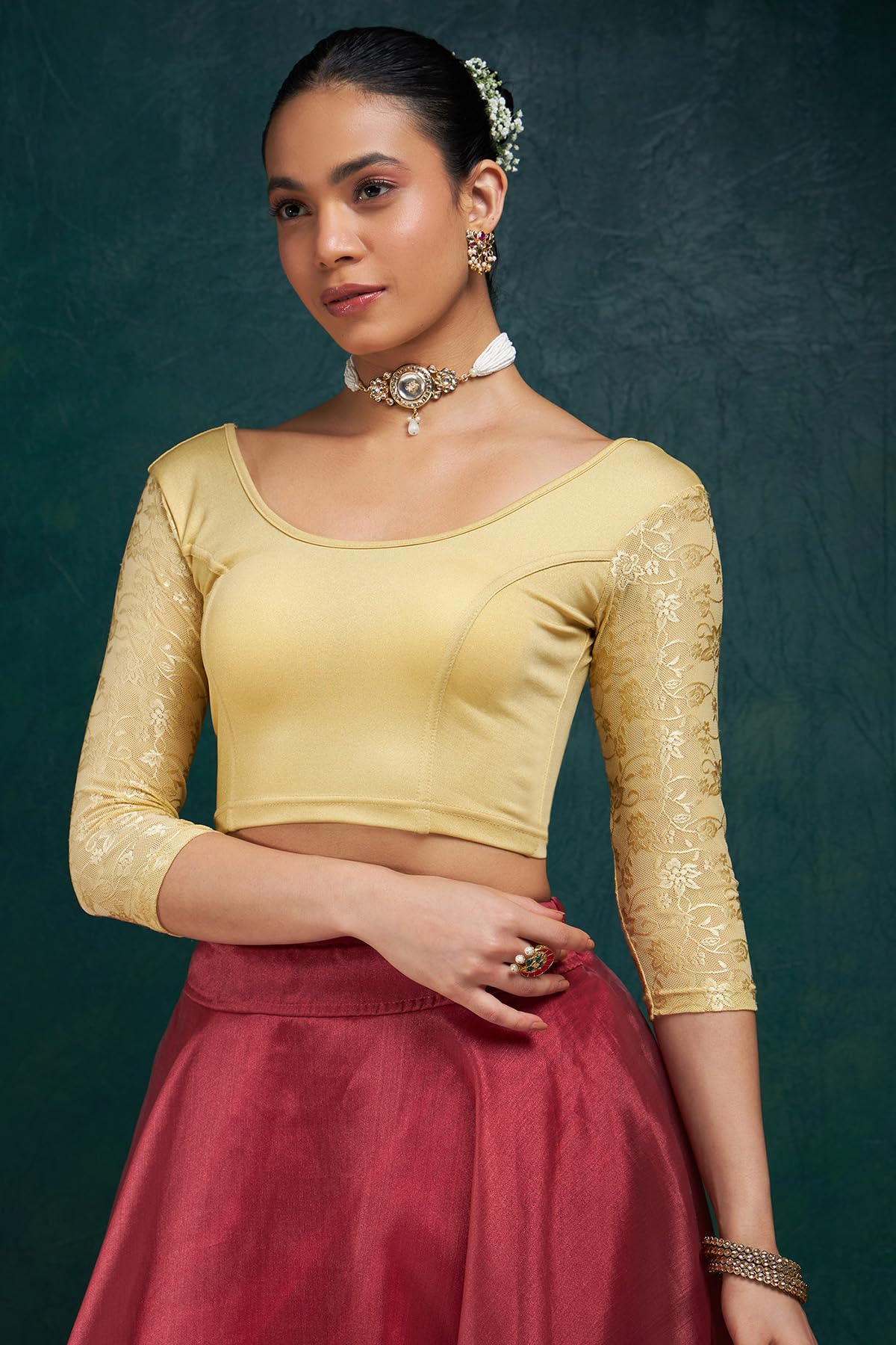 Soch Gold Spandex Prince Cut Blouse with Floral Sleeves