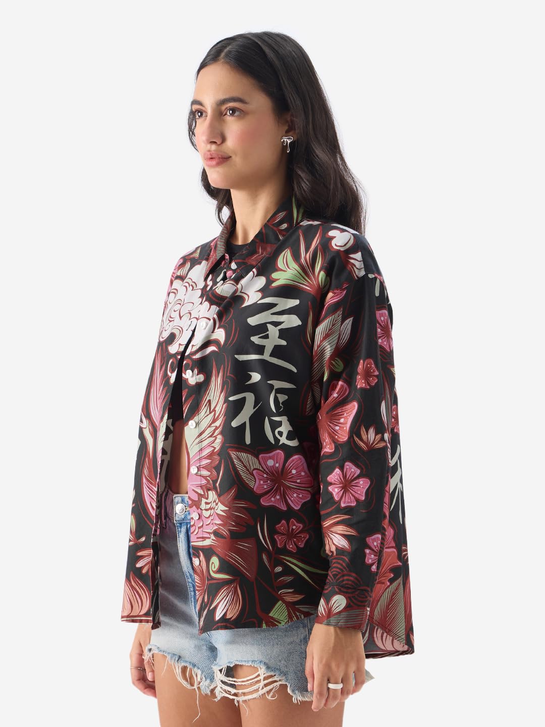 The Souled Store Konnichiwa Women and Girls Long Sleeve Button Down Cotton Boyfriend Fit Shirts Multicolour