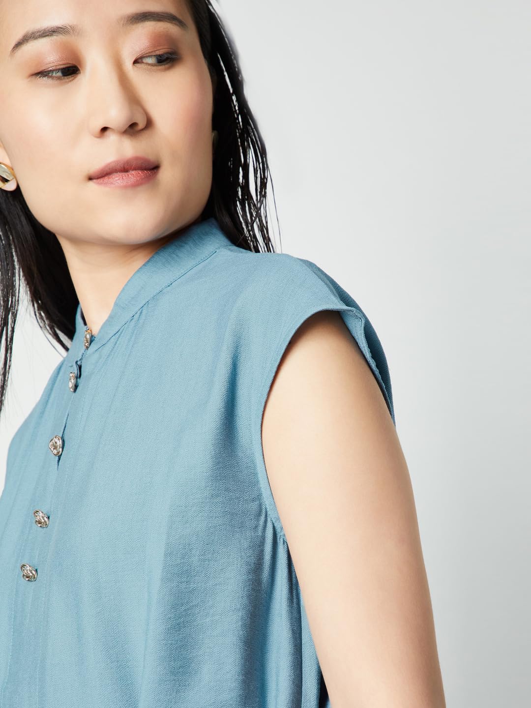 Max Women Textured Belted Midi Dress (Blue_S)