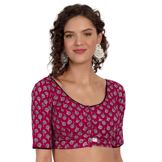 JISB Women's Printed Cotton Half Sleeve Saree Blouse (36, Red)