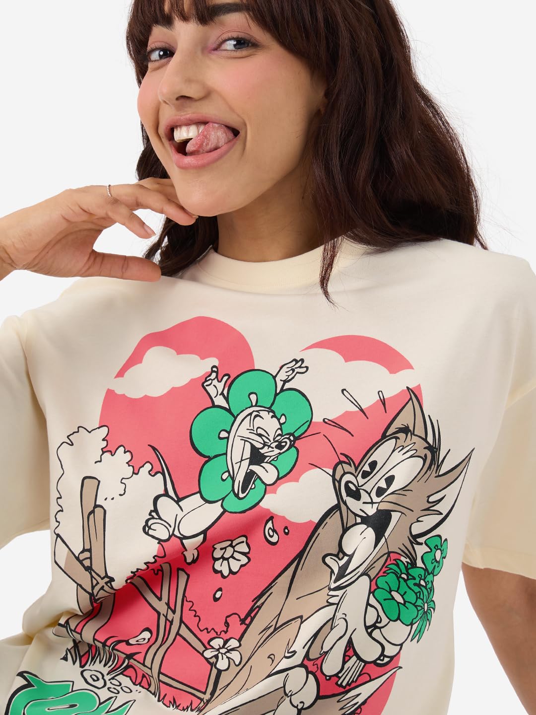 The Souled Store Official Tom and Jerry: Boom! Women and Girls Short Sleeve Round Neck Off-White Graphic Printed Cotton Oversized Fit T-Shirts Oversized T Shirts for Women T-Shirt Girls Cotton