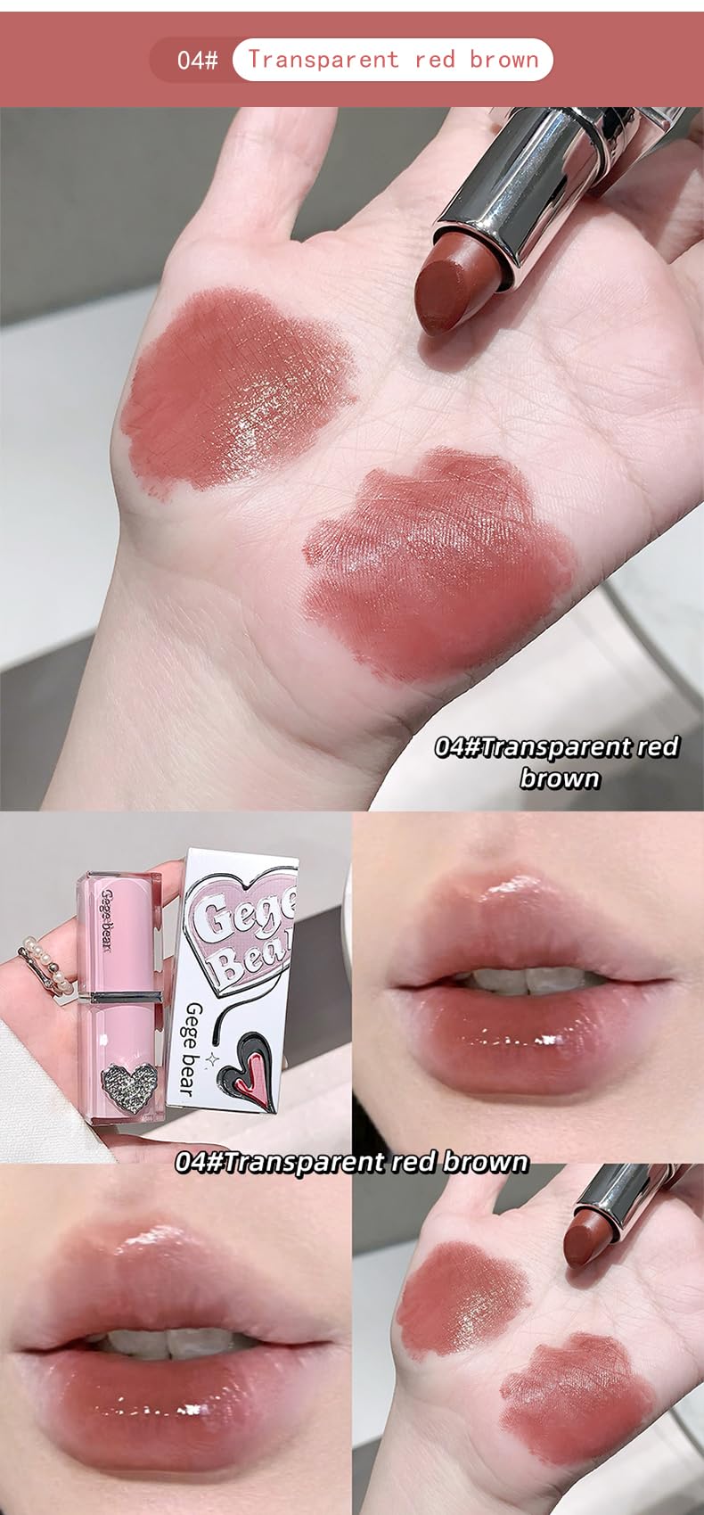 Gege Bear Crystal Clear Love Sandwich Lipstick for Women | Glossy Mirror Shine | Moisturizing, Lightweight & Non-Sticky Formula | Love-Tinted Colors that Glide Like Butter | 6 Irresistible Shades to Steal the Spotlight | (02# Light Rose, 3.8g)