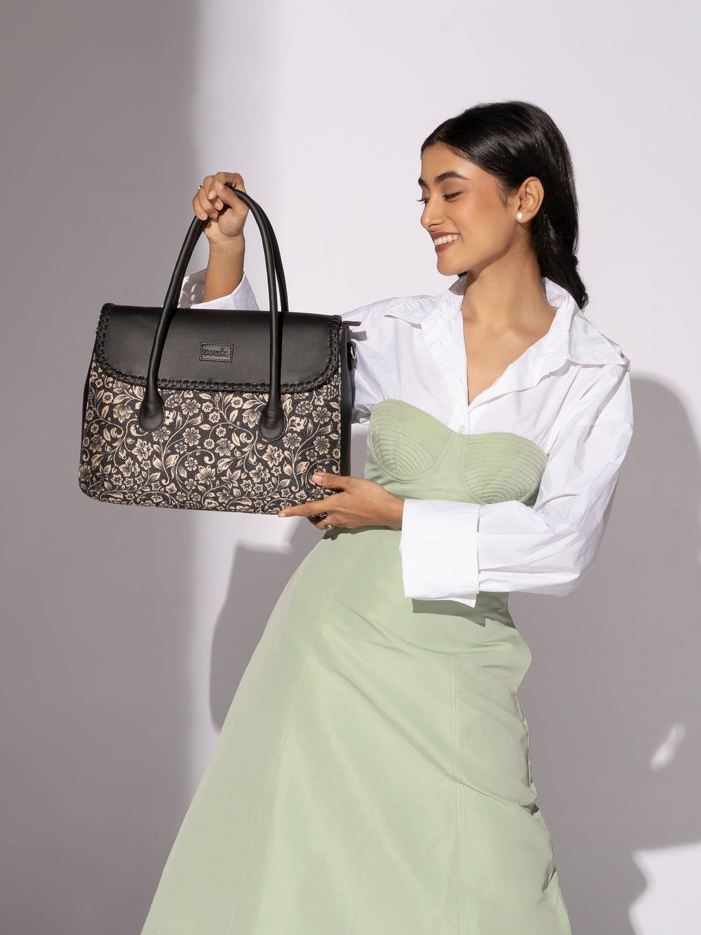 ZOUK Flomotif Floral Printed Jute Handcrafted Vegan Leather Black Women's Satchel Bag | Ladies Purse Handbag | Double Handle Detachable Strap