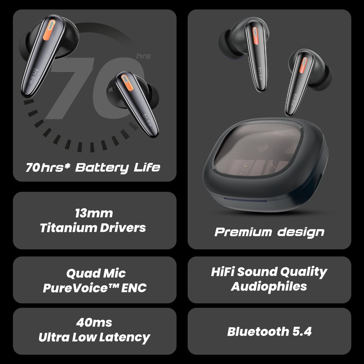 truke New Launch Crystal Bass True Wireless in Ear Earbuds with 13mm Drivers, 70H Playtime Fast Charge, Made in India, HiFi Sound TWS, 40ms Low Latency, 4Mics ENC, BT 5.4 (Matte Black)