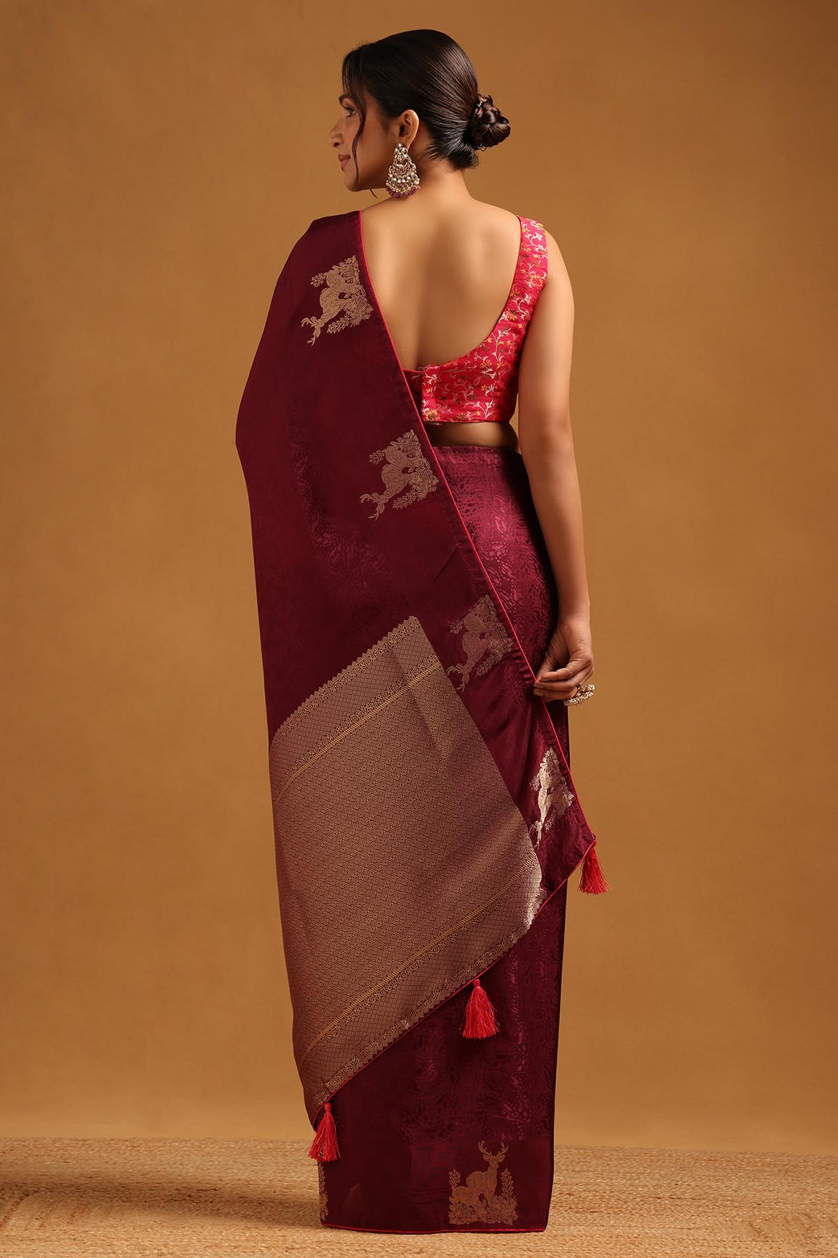 Soch Womens Wine Dola Silk Botanical Zari Woven Saree