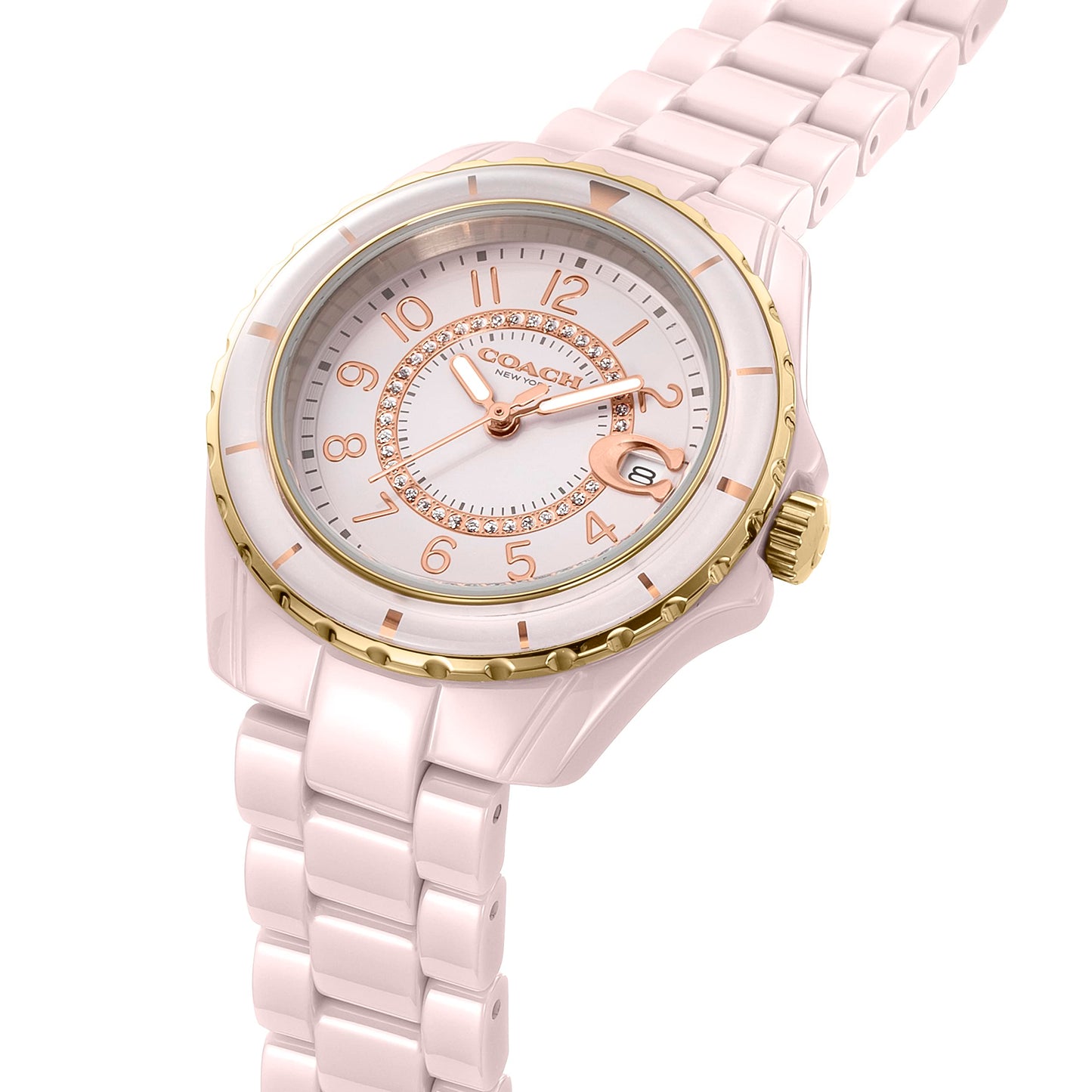 COACH Coach Watch Women's PRESTON Ceramic Quartz Watch Watch Brand, Pink, Bracelet Type