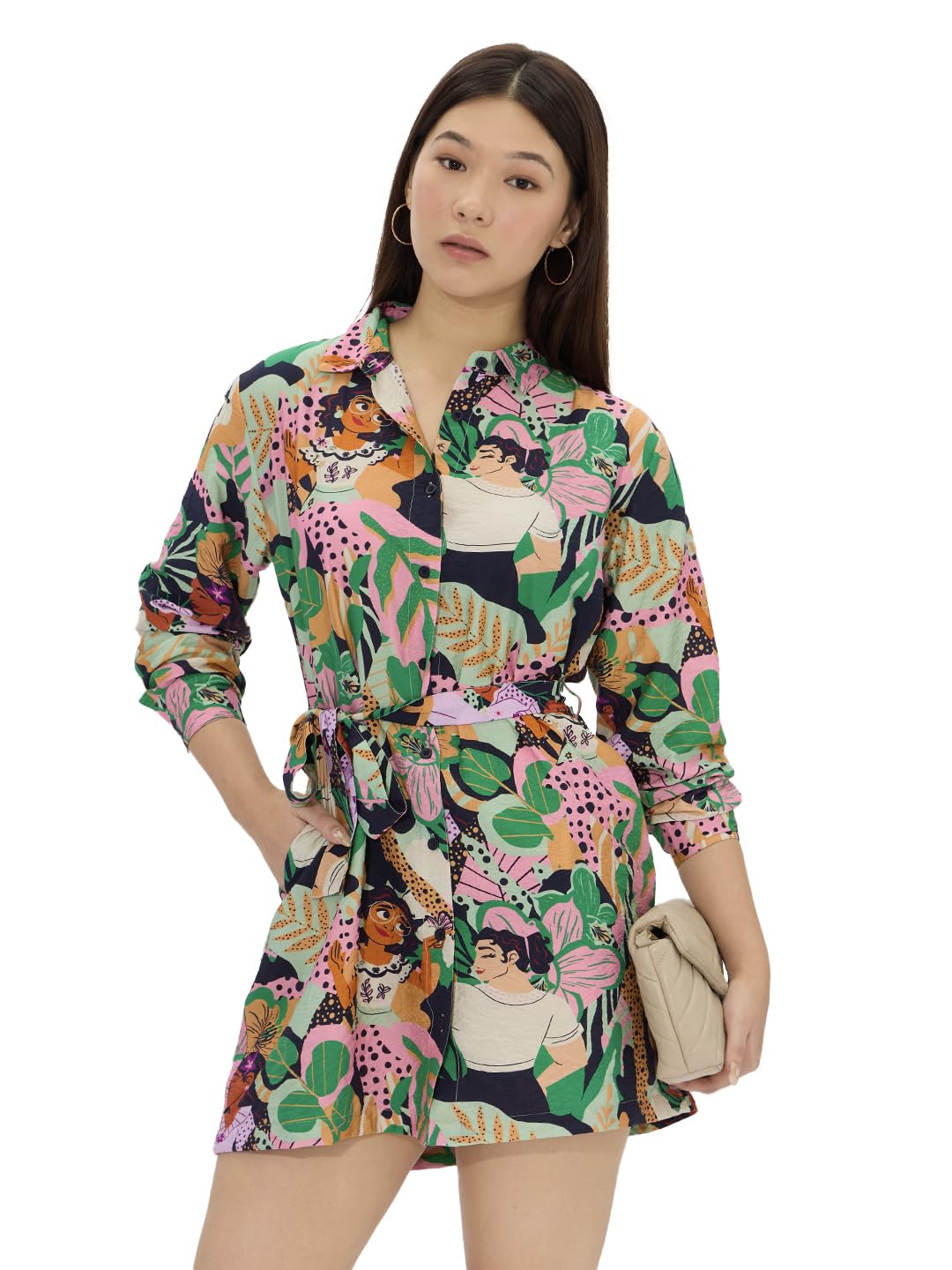 The Souled Store Official Disney: Encanto Women and Girls Long Sleeves Collared Neck Button Front Viscose Blend All Over Printed Shirt Dresses Multicolour
