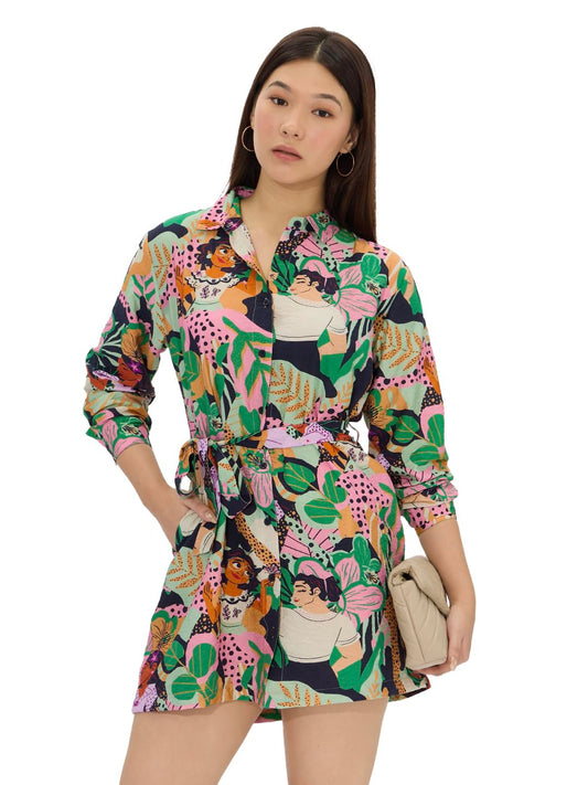 The Souled Store Official Disney: Encanto Women and Girls Long Sleeves Collared Neck Button Front Viscose Blend All Over Printed Shirt Dresses Multicolour