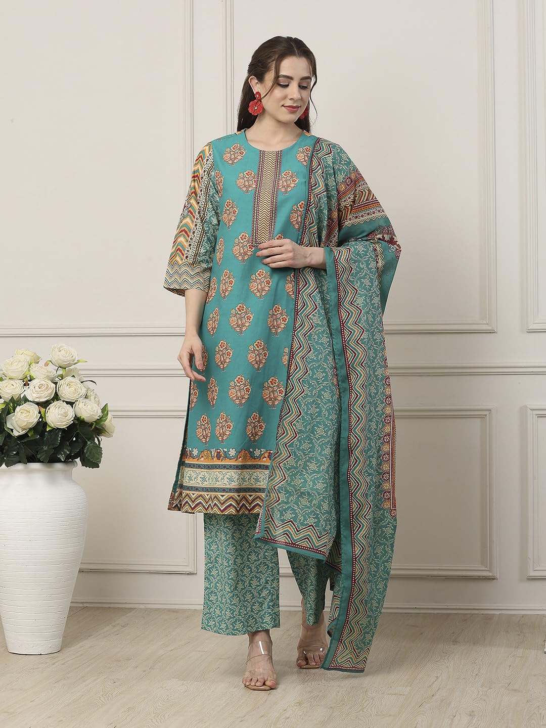 Biba Women Green Cotton Straight Suit Set_38