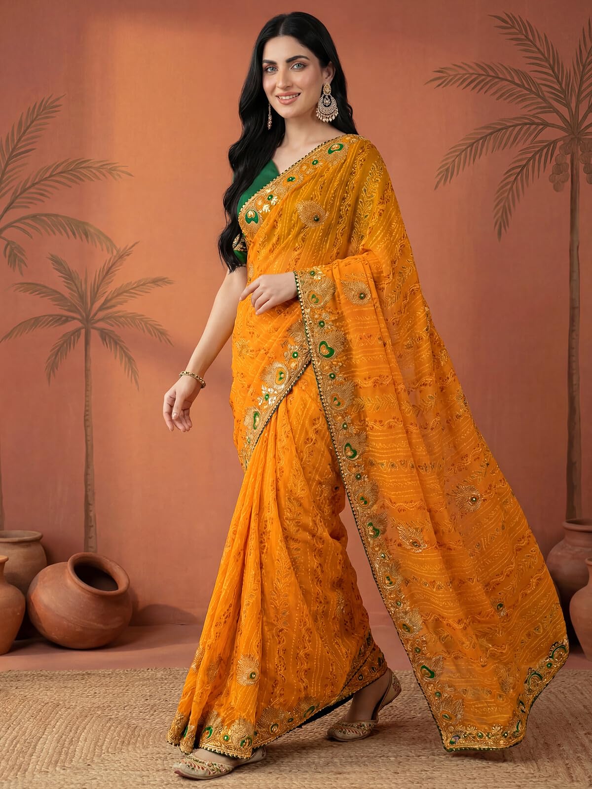 SIRIL Women's Georgette Embroidery Gota Lace Bandhani Printed Saree with Unstitched Blouse Piece (4524S373AA_Yellow)